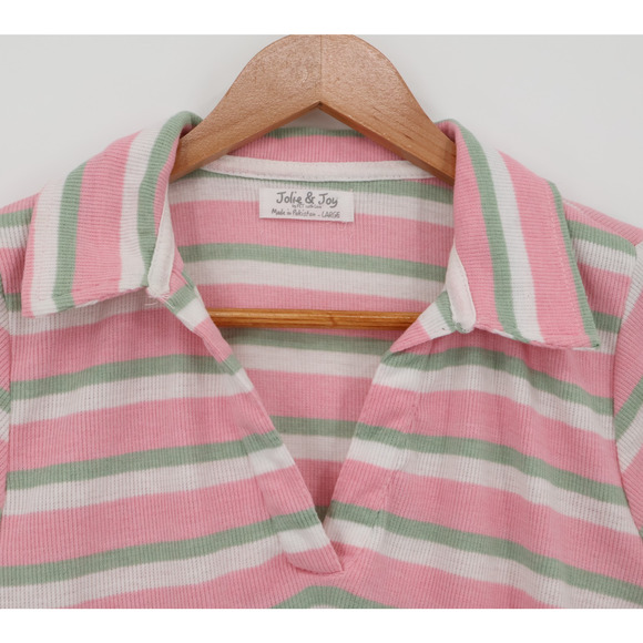 Y2K Preppy Polo‎ Crop Top Pink Green Striped Ribbed 90s Soft Girl Pastel Size L - Picture 9 of 9